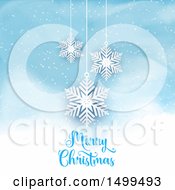 Poster, Art Print Of Merry Christmas Greeting Under Suspended Snowflakes Over A Blue Snow Background