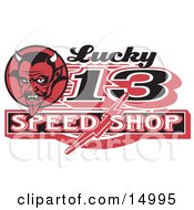 Red Horned Devil Man On A Lucky 13 Speed Shop Advertisement Clipart Illustration