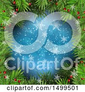 Clipart Of A Frame Of Christmas Tree Branches Around Blue Snowflakes Royalty Free Vector Illustration