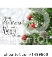 Clipart Of A Merry Christmas And A Happy New Year Design Over A Blurred Tree Royalty Free Vector Illustration