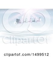 Poster, Art Print Of Silhouetted Magic Santa Sleigh And Reindeer Flying Over A Winter Landscape With Sunshine