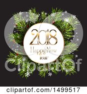 Clipart Of A Happy New Year 2018 Greeting Over Tree Branches With Snowflakes On Black Royalty Free Vector Illustration