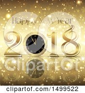 Poster, Art Print Of Happy New Year 2018 Greeting With A Clock On Gold Snowflakes Stars And Flares