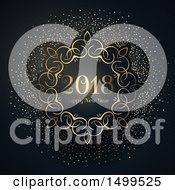 Poster, Art Print Of Happy New Year 2018 Greeting In An Ornate Gold Frame With Confetti On Black