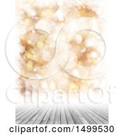 Clipart Of A Background Of Golden Flares And A Wood Surface With A Border Of Snowflakes Royalty Free Illustration