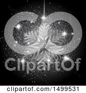 Clipart Of A 3d Silver Snowflake Over Glitter On Black Royalty Free Vector Illustration