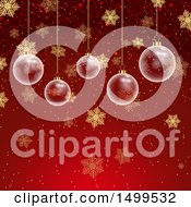 Poster, Art Print Of Christmas Background With Suspended Clear Ornament Baubles On Red With Snowflakes