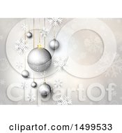Poster, Art Print Of Silver Christmas Background Of Suspended Ornament Baubles With Snowflakes