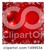 Poster, Art Print Of Christmas Background With Suspended Ornament Baubles On Red With Snowflakes And A White Border