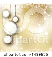 Poster, Art Print Of Golden Christmas Background With Suspended Ornament Baubles With Snowflakes