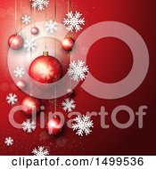 Poster, Art Print Of Christmas Background With Suspended Ornament Baubles On Red With Snowflakes