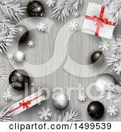 Poster, Art Print Of Christmas Background With A Border Of Gifts Branches Snowflakes And 3d Baubles