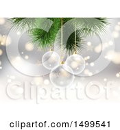 Clipart Of A Christmas Background With 3d Clear Glass Baubles And Branches Royalty Free Vector Illustration