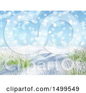 Poster, Art Print Of 3d Winter Landscape With Snow And Grass Under A Blue Flare And Snowflake Sky
