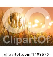Clipart Of A Background Of 3d Wheat Stalks Against A Sunset Sky Royalty Free Illustration