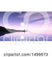 Poster, Art Print Of 3d Silhouetted Man On An Island Overlooking A Peaceful Bay Against A Purple Sunset