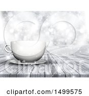 Poster, Art Print Of 3d White Coffee Cup And Saucer On A Wood Surface Over A Winter Landscape