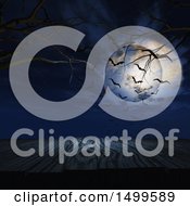 Clipart Of A 3d Wooden Surface Under A Full Moon With Bats Royalty Free Illustration