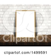 3d Blank White Frame Or Picture Frame On A Wood Table Leaning Against A White Brick Wall