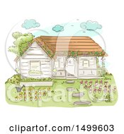 Clipart Of A Sketched Cottage With Flowers In Pots Royalty Free Vector Illustration