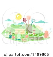 Clipart Of A Flat Styled Garden With Tools Plants And Mountains Royalty Free Vector Illustration