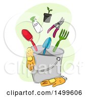 Poster, Art Print Of Sketched Bucket With Garden Gloves And Tools