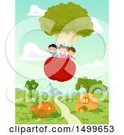 Poster, Art Print Of Group Of Children Floating In A Broccoli And Tomato Hot Air Balloon Over Veggies