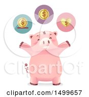 Poster, Art Print Of Cheering Piggy Bank Mascot With Save Spend And Share Icons