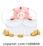 Poster, Art Print Of Happy Piggy Bank Mascot Holding A Blank Sign Over Coins