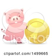 Poster, Art Print Of Piggy Bank Mascot Rolling A Giant Gold Coin