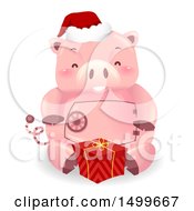 Poster, Art Print Of Piggy Bank Mascot With A Christmas Gift