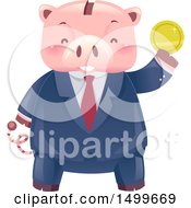 Business Man Piggy Bank Mascot Holding Up A Gold Coin