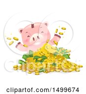 Piggy Bank Mascot Playing In A Pile Of Money