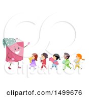 Clipart Of A Bedtime Story Book Mascot With A Line Of Kids In Pajamas Royalty Free Vector Illustration