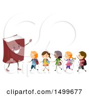 Clipart Of A Book Mascot With A Line Of School Kids Royalty Free Vector Illustration