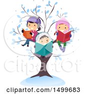 Poster, Art Print Of Group Of Children Reading Books In A Winter Tree