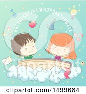 Poster, Art Print Of Sketched Boy And Girl On A Book In The Clouds Under Letters