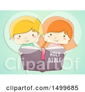 Poster, Art Print Of Sketched Boy And Girl Reading A Holy Bible On Green
