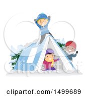 Poster, Art Print Of Group Of Kids Playing On A Book Tent In The Snow