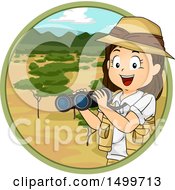 Girl Explorer Holding Binoculars In A Savanna Circle