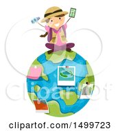 Girl Explorer Sitting On Earth With Pictures And Binoculars
