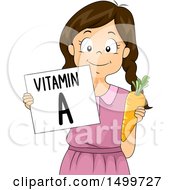 Clipart Of A Girl Holding A Vitamin A Flash Card And A Carrot Royalty Free Vector Illustration by BNP Design Studio