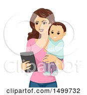 Mother Carrying Her Baby Son And Using A Tablet