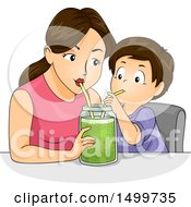 Mother And Son Using Straws To Drink A Green Smoothie In A Mason Jar