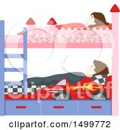 Clipart Of A Boy And Girl Sleeping In Castle And Race Car Bunk Beds Royalty Free Vector Illustration