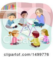 Clipart Of A Teacher And Students Painting With A Pendulum Royalty Free Vector Illustration