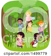 Poster, Art Print Of Teacher And Students Catching Bugs In The Woods