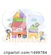 Poster, Art Print Of Sketched Group Of Kids Playing On A Block Shapes Playground