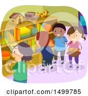 Poster, Art Print Of Group Of Kids Gathering Shape Blocks From Cubbies