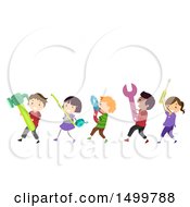 Group Of Kids Carrying Giant Tools